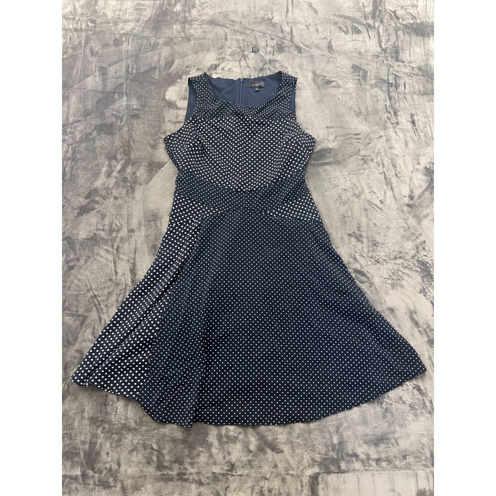 The Limited Fit & Flare Dress Women 4 Navy Blue White Polka Dot Stretch Back Zip